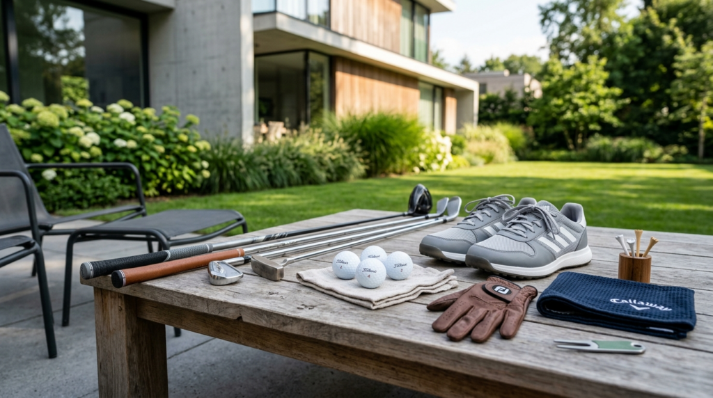High-quality stock photo of golf equipment laid out on a mod