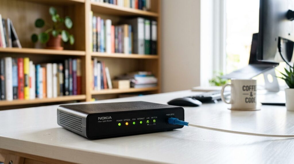 Close-up photorealistic stock photo of a fiber optic router