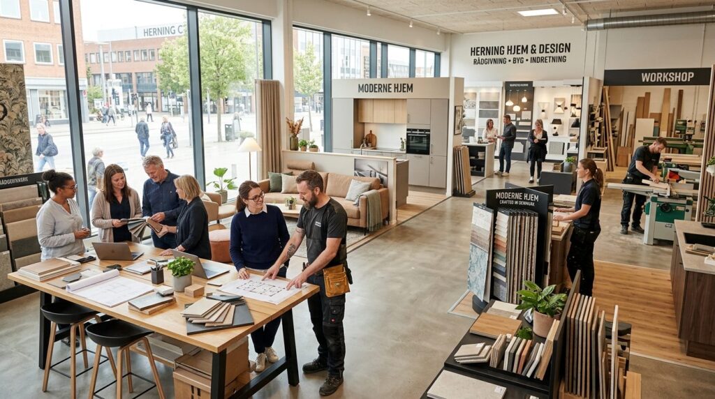 Wide shot of a busy local construction or interior design bu