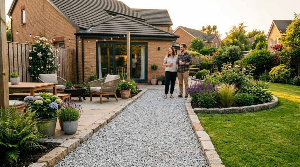 Wide landscape photo of a completed DIY garden patio project