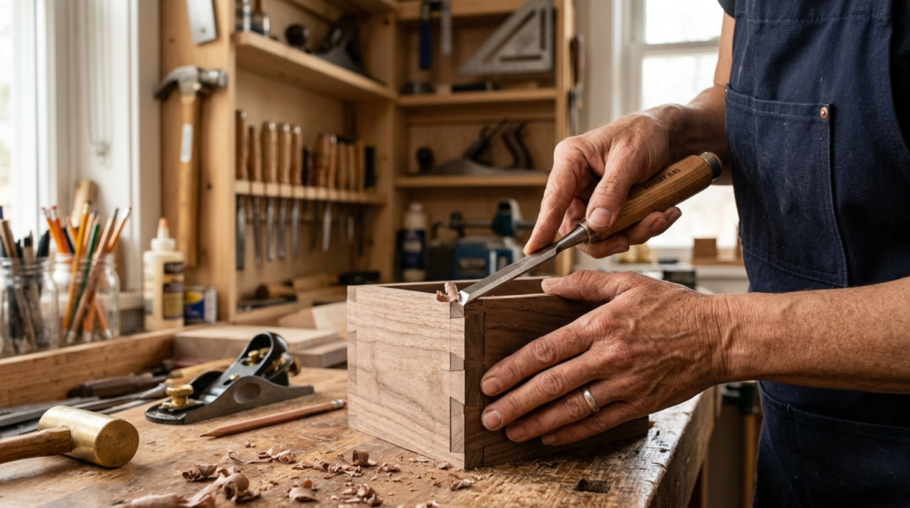 Close-up of skilled carpenters hands working on fine wood j