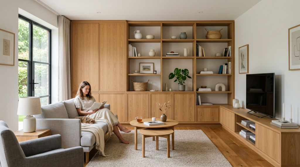 Modern Scandinavian living room with custom built-in wooden